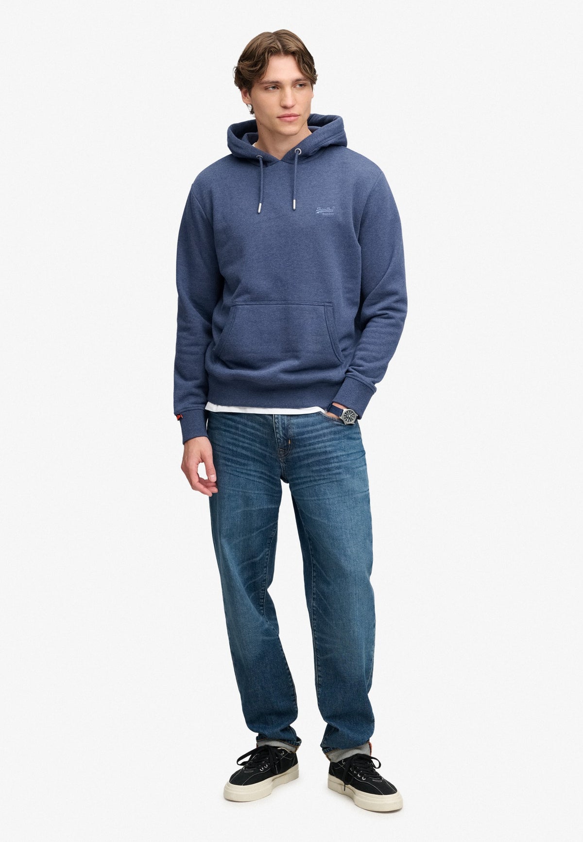 Superdry Essential Logo Hoodie Hb in Sailor Blue Marl full length view