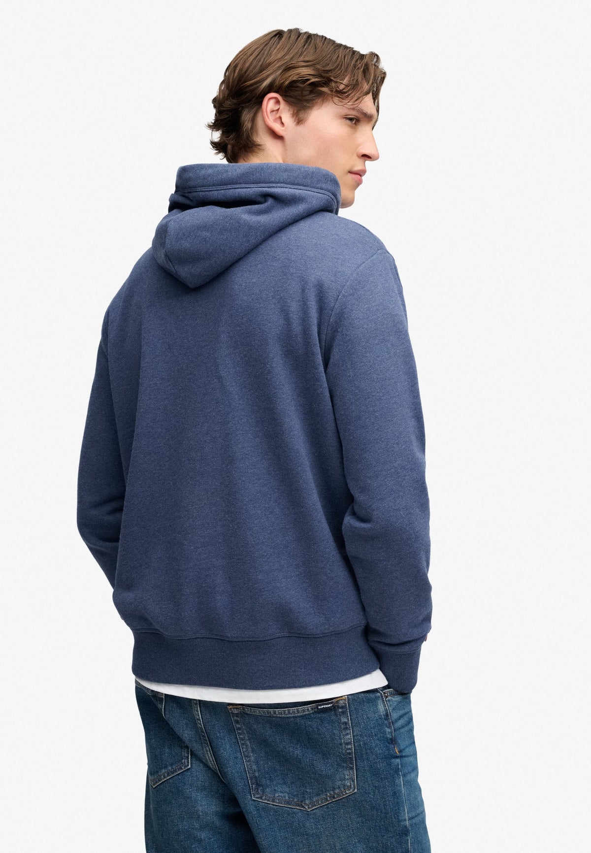 Superdry Essential Logo Hoodie Hb in Sailor Blue Marl back view on model