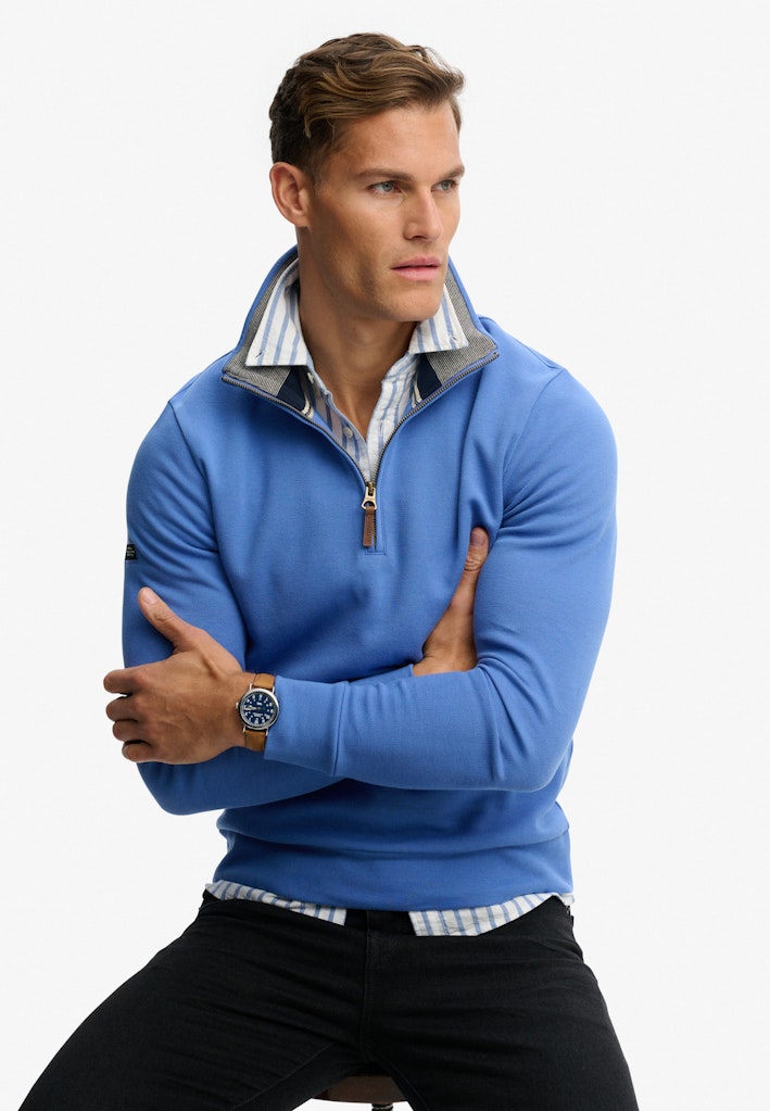SUPERDRY Essential Pique Half Zip-Chambray Blue Chambray Blue back view