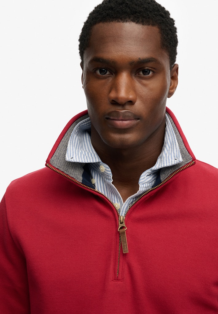 SUPERDRY Essential Pique Half Zip Prep Red sweatshirt front zipper detail