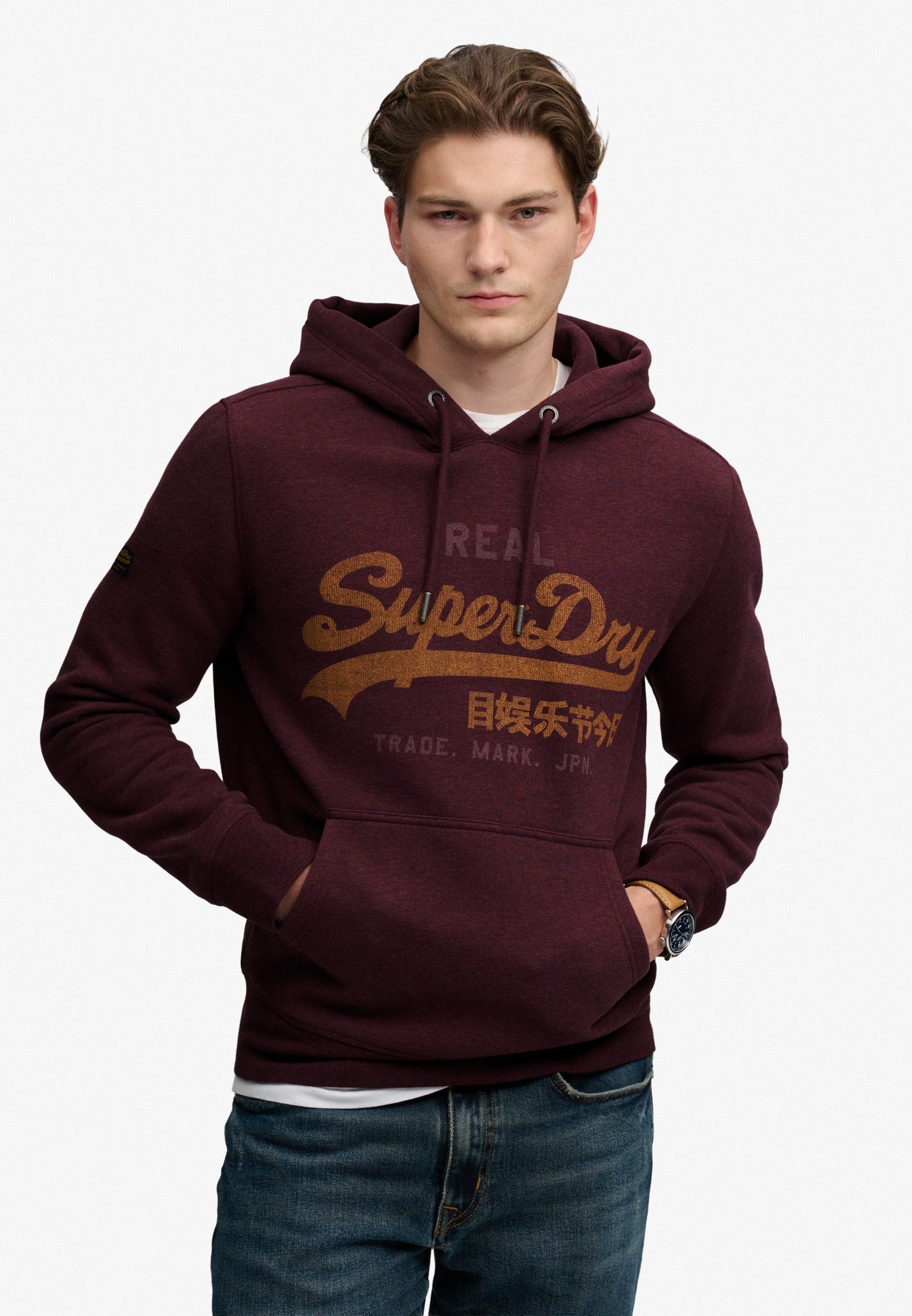 Superdry Vintage Logo Heritage Relaxed Hood in Tawny Port Marl front model view
