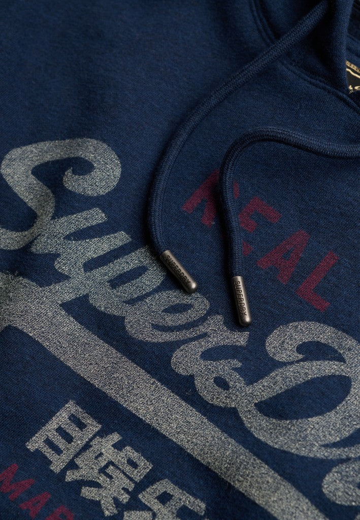Superdry Vintage Logo Heritage Relaxed Hood in Deep Sea Blue Marl logo print detail