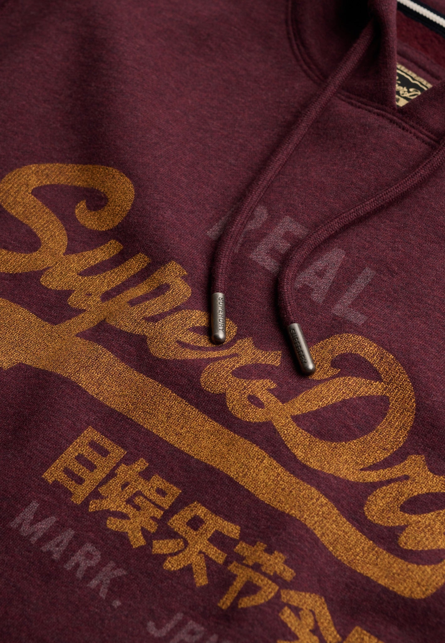 Superdry Vintage Logo Heritage Relaxed Hood in Tawny Port Marl logo print detail