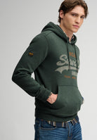 Superdry Vintage Logo Heritage Relaxed Hood in Denver Green Marl angled model view