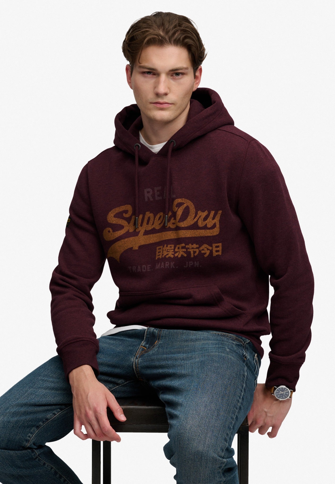 Superdry Vintage Logo Heritage Relaxed Hood in Tawny Port Marl seated model view