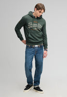 Superdry Vintage Logo Heritage Relaxed Hood in Denver Green Marl full length model view