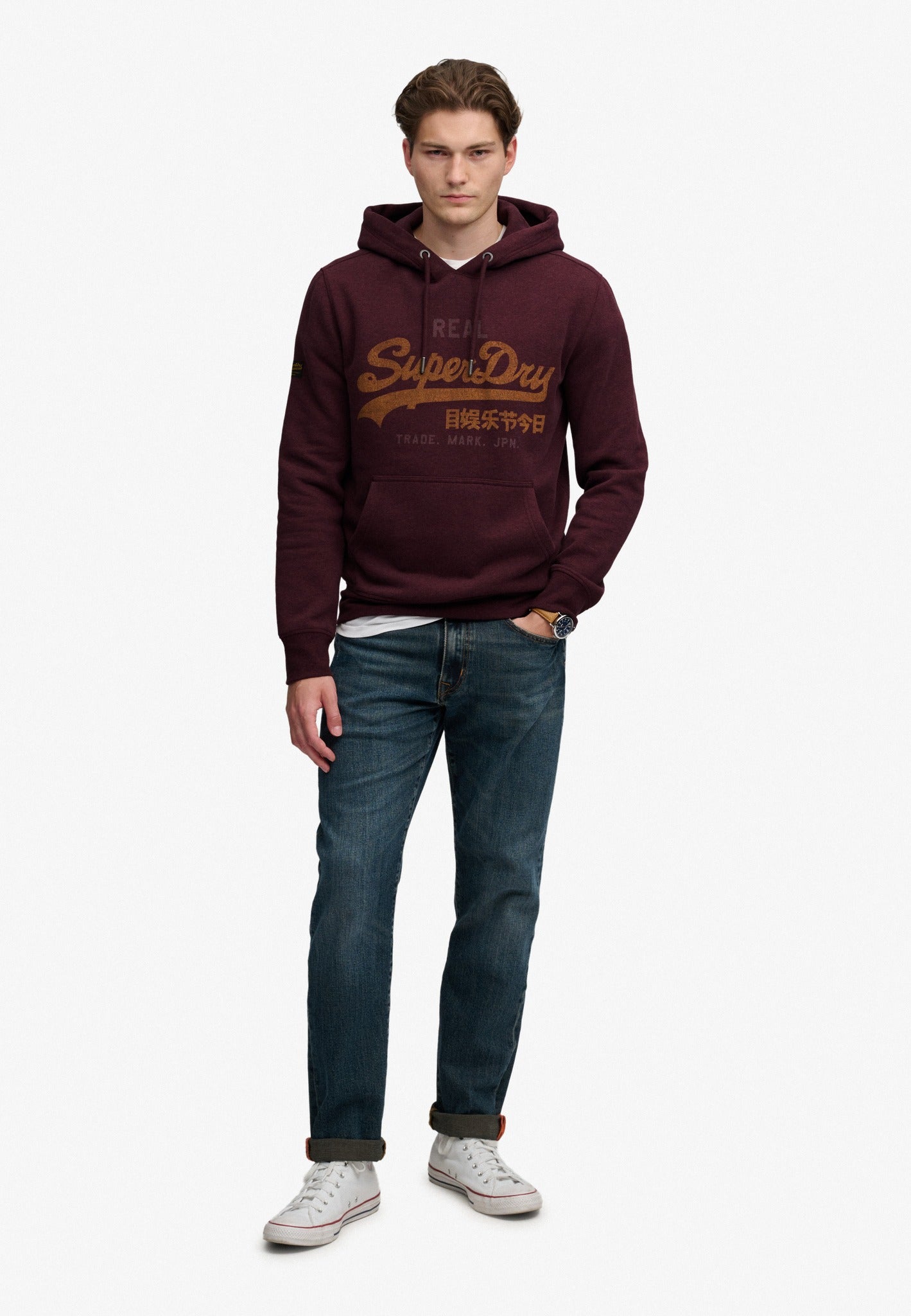Superdry Vintage Logo Heritage Relaxed Hood in Tawny Port Marl full length model view