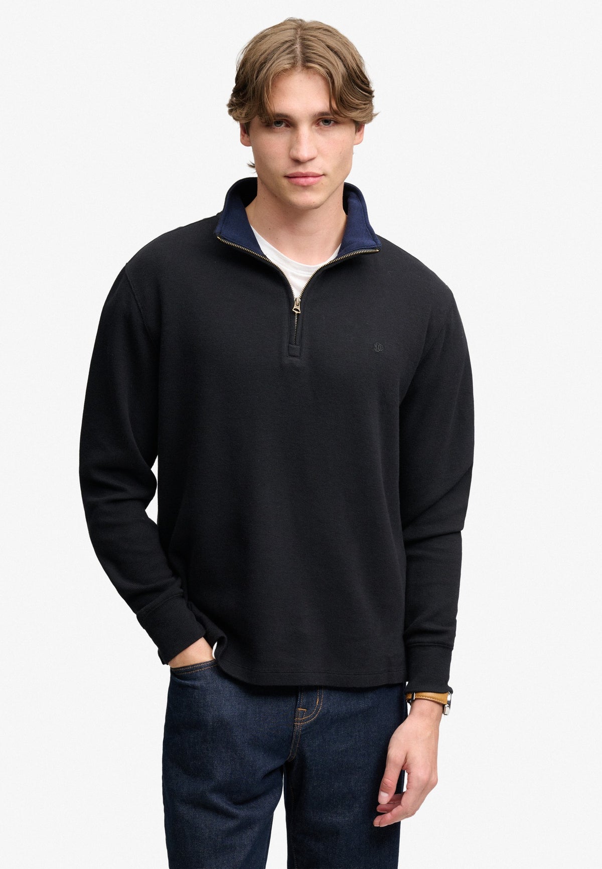 Superdry Garment Dye Rib Half Zip in Meteorite Black on model