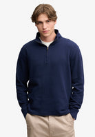 Superdry Garment Dye Rib Half Zip in Super Dark Navy on model