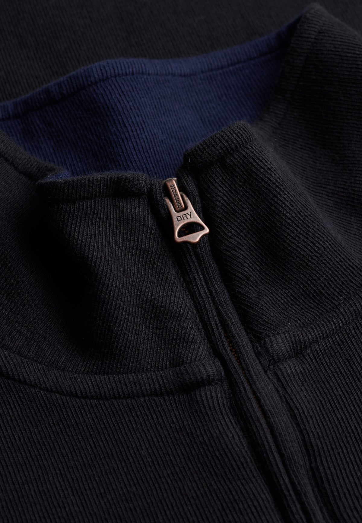 Superdry Garment Dye Rib Half Zip in Meteorite Black zip and collar detail