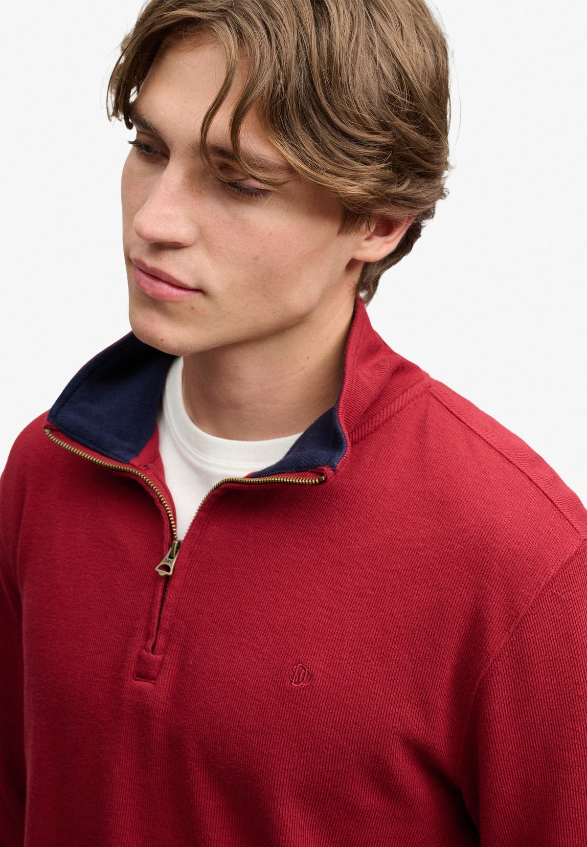 Superdry Garment Dye Rib Half Zip in Cherry Burgundy upper body view