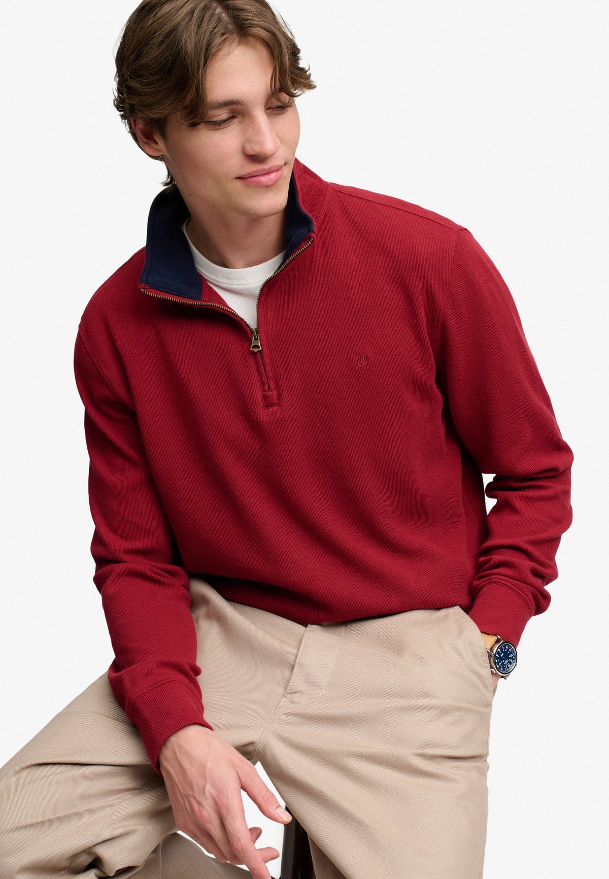 Superdry Garment Dye Rib Half Zip in Cherry Burgundy seated view