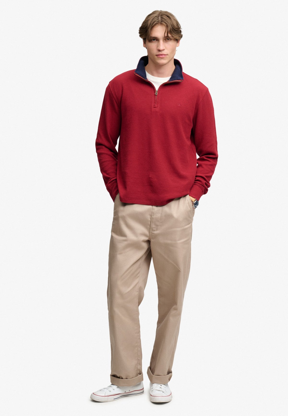 Superdry Garment Dye Rib Half Zip in Cherry Burgundy full length view