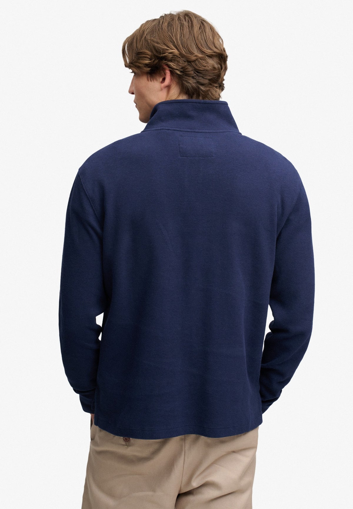 Superdry Garment Dye Rib Half Zip in Super Dark Navy back view on model