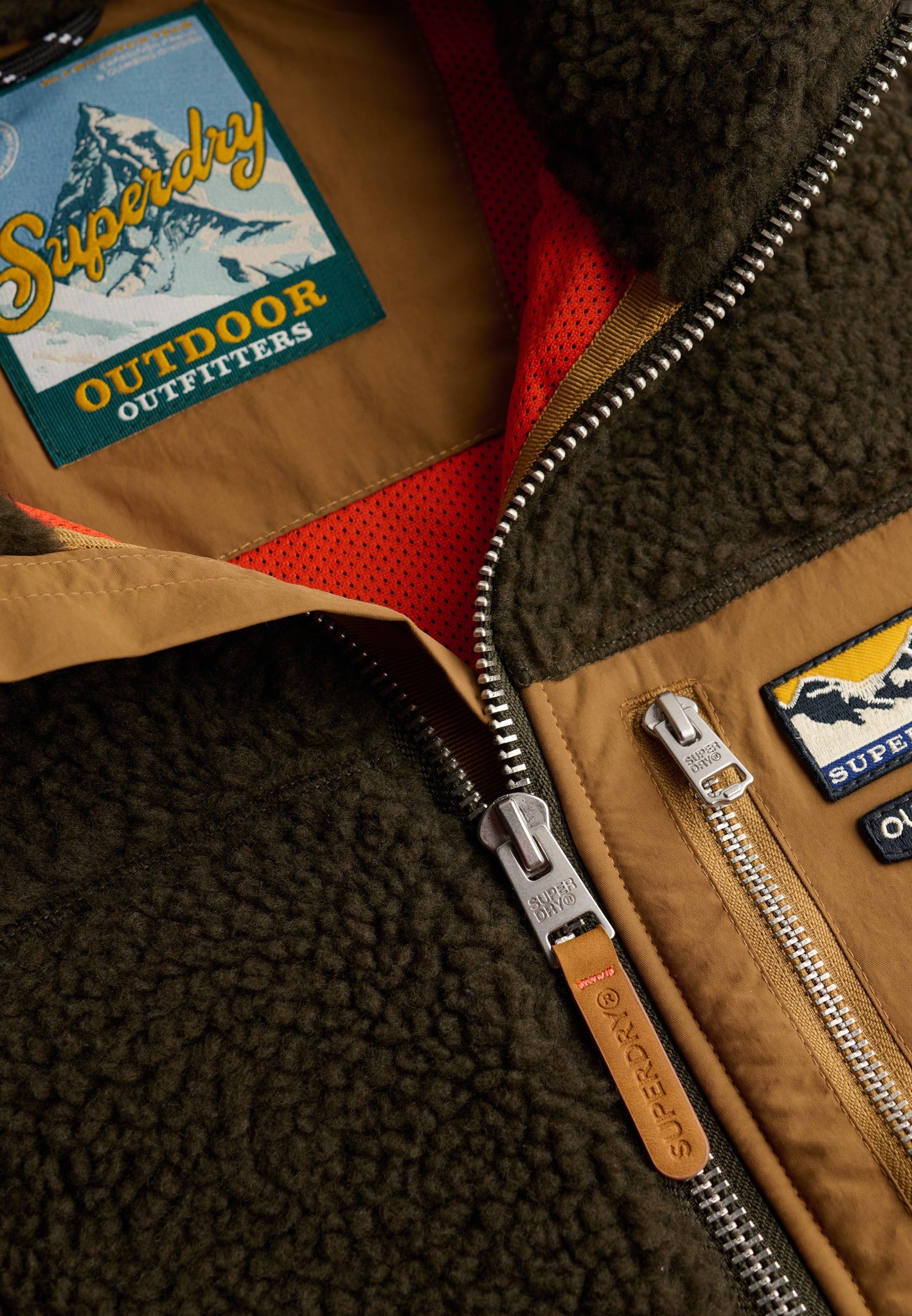 Superdry Mountain Full Zip Fleece in Surplus Goods Olive/Deep Brown zip and fabric detail