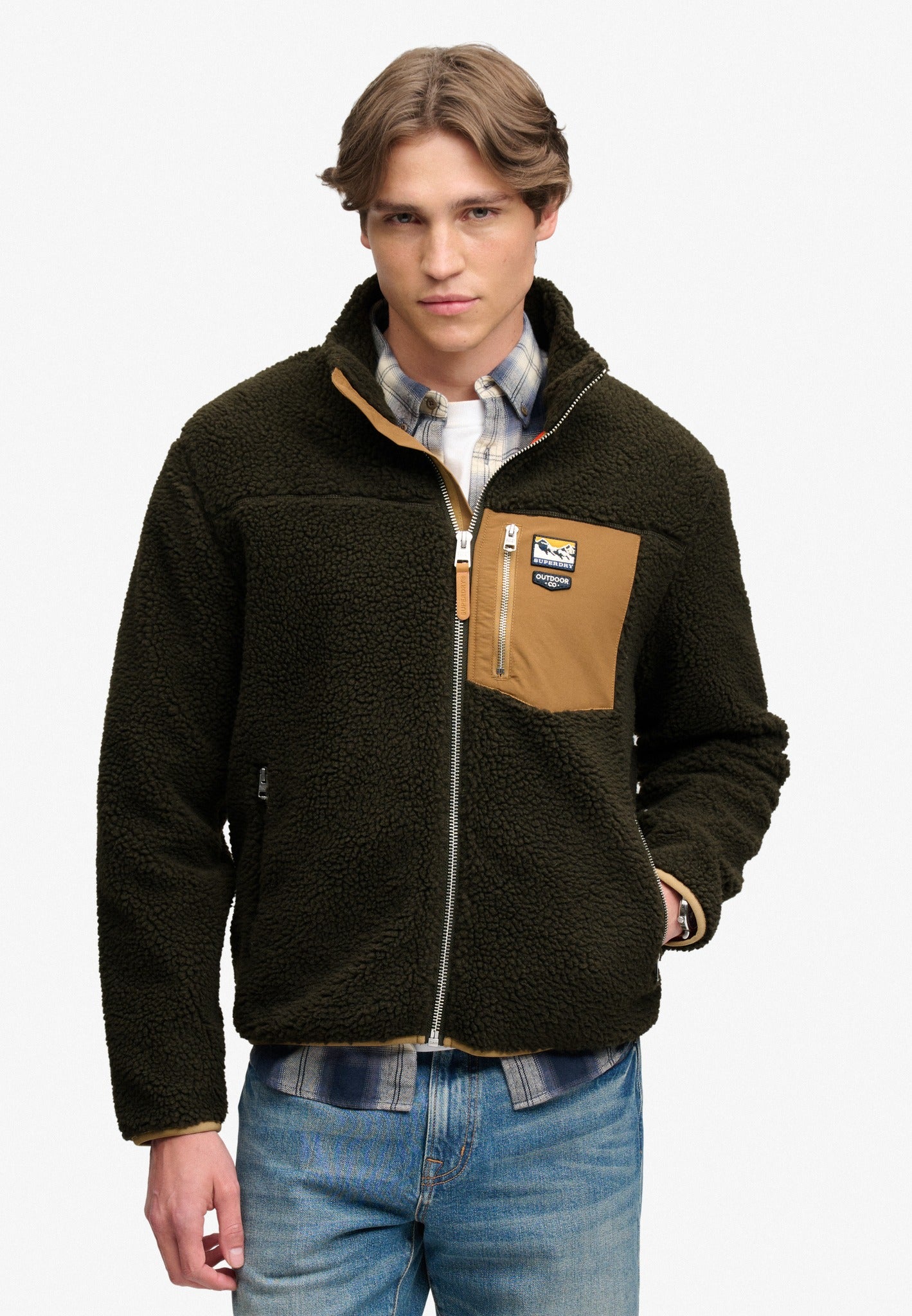 Superdry Mountain Full Zip Fleece in Surplus Goods Olive/Deep Brown half model view