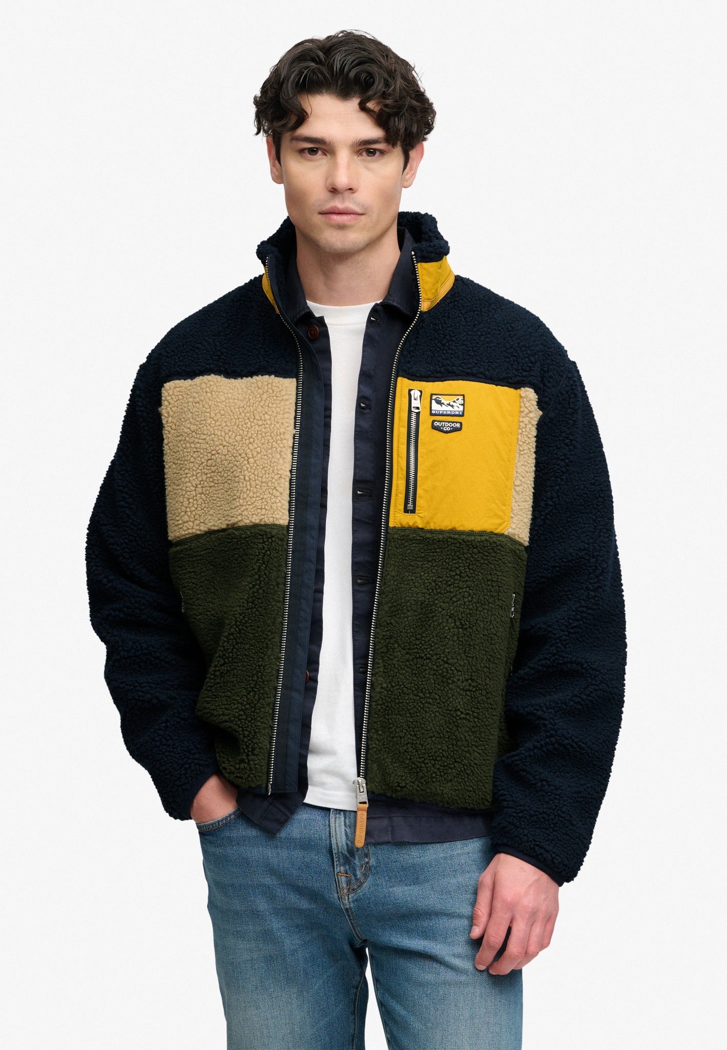 Superdry Colour Block Retro Zip Fleece in Eclipse Navy Mix front model view