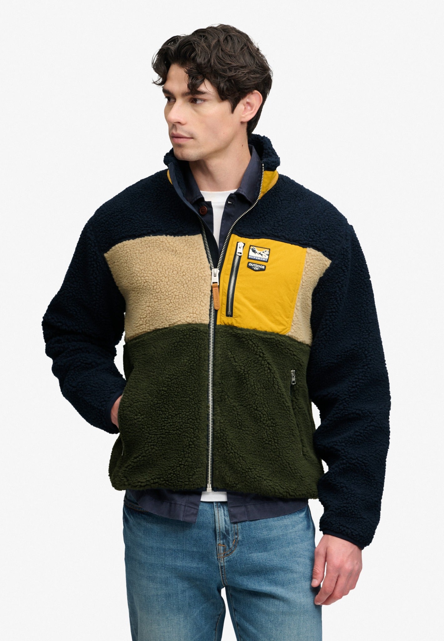 Superdry Colour Block Retro Zip Fleece in Eclipse Navy Mix angled model view