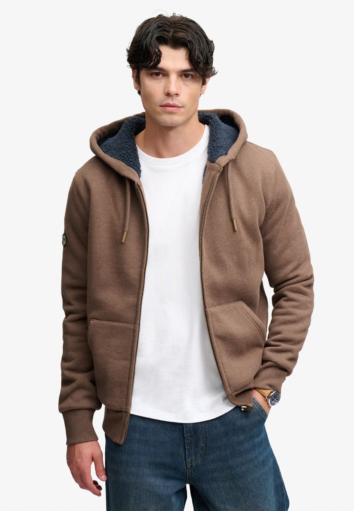 Superdry Borg Lined Ziphood in Mocha Brown Marl front view