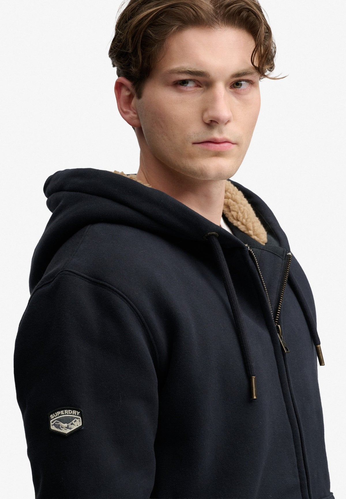Superdry Borg Lined Ziphood in Eclipse Navy angled view on model