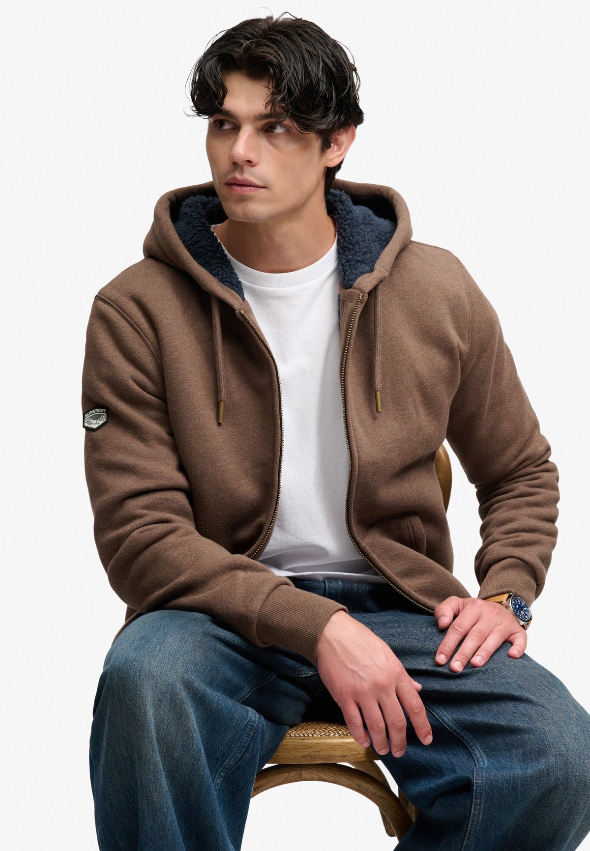 Superdry Borg Lined Ziphood in Mocha Brown Marl close-up detail