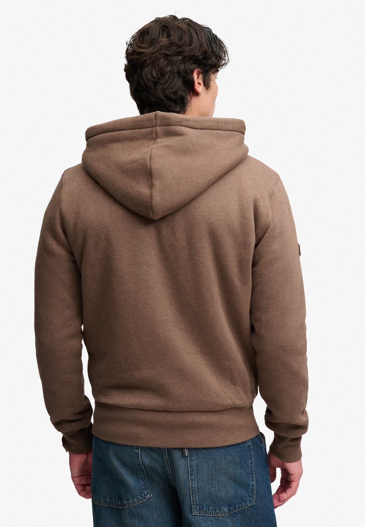 Superdry Borg Lined Ziphood in Mocha Brown Marl back view on model