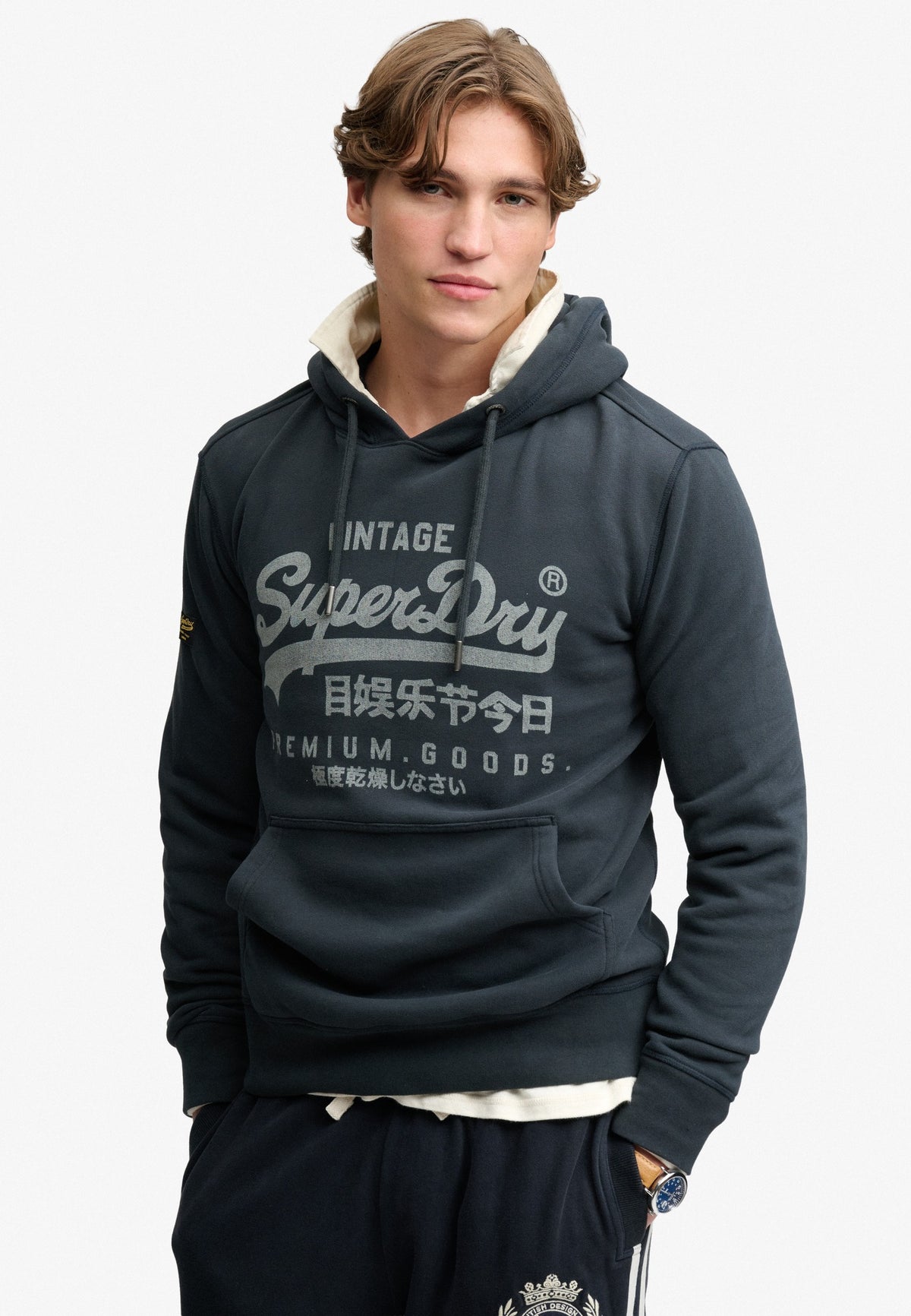 Superdry Vintage Logo Classic Hoodie in Eclipse Navy on model front view