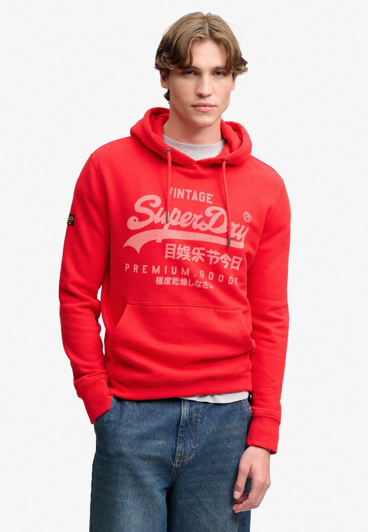 Superdry Vintage Logo Classic Hoodie in Indiana Red on model front view