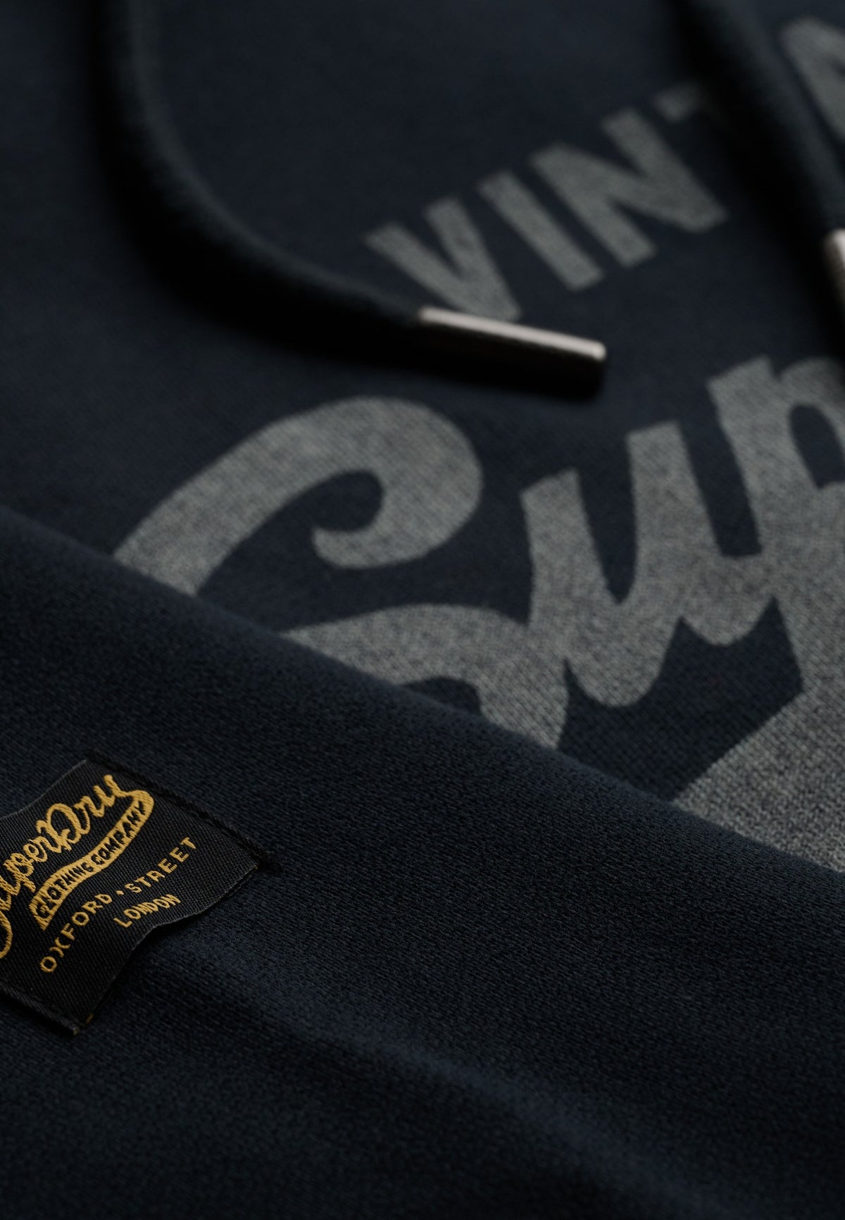 Superdry Vintage Logo Classic Hoodie in Eclipse Navy hood and logo detail