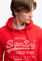 Superdry Vintage Logo Classic Hoodie in Indiana Red logo and hood detail