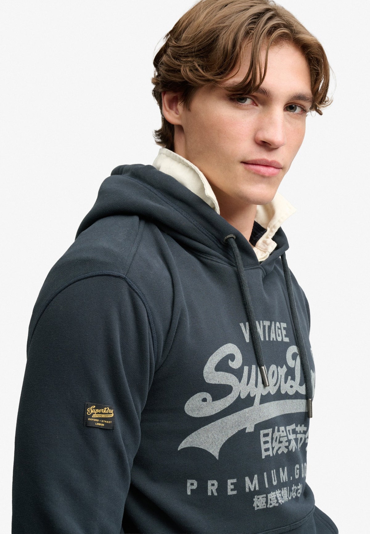 Superdry Vintage Logo Classic Hoodie in Eclipse Navy upper body model view