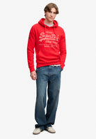 Superdry Vintage Logo Classic Hoodie in Indiana Red full length model view