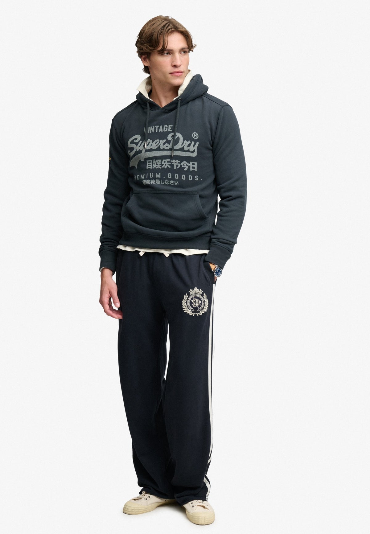 Superdry Vintage Logo Classic Hoodie in Eclipse Navy full length model view