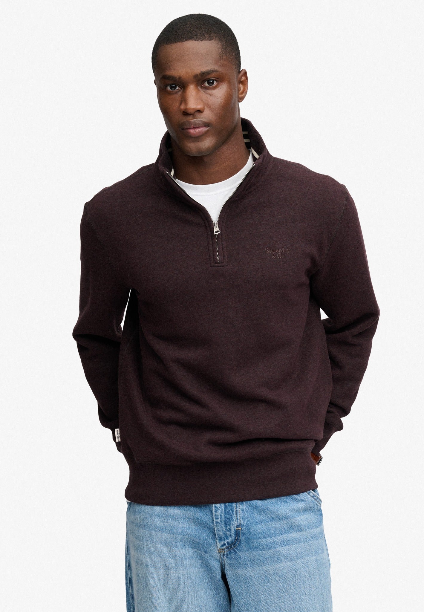 Superdry Essential Serif Logo Half Zip in Heritage Port Marl on model