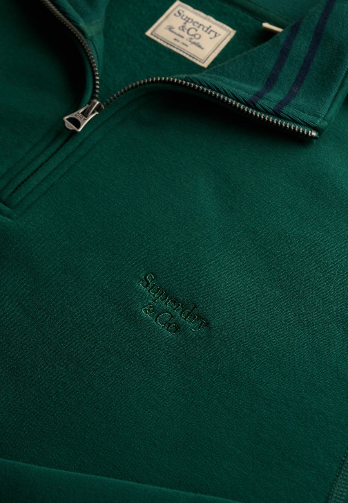 Superdry Essential Serif Logo Half Zip in Varsity Green half zip collar detail