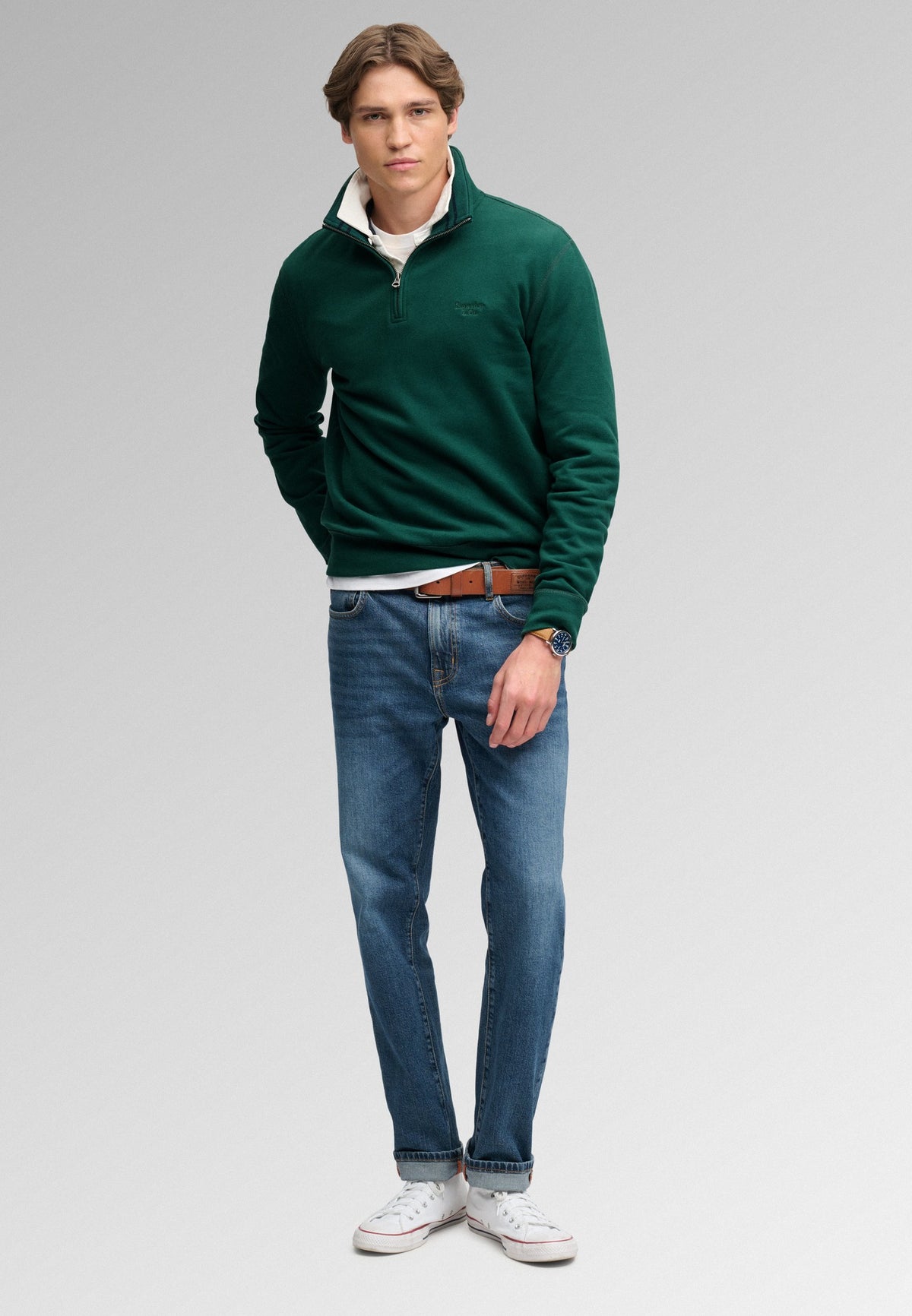 Superdry Essential Serif Logo Half Zip in Varsity Green full length view