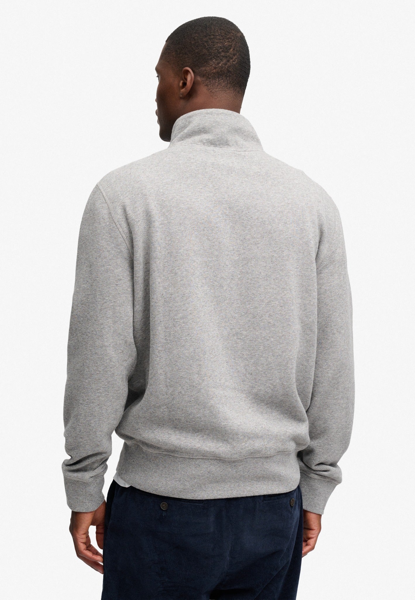 Superdry Essential Serif Logo Half Zip in Dark Vintage Grey Marl back view on model