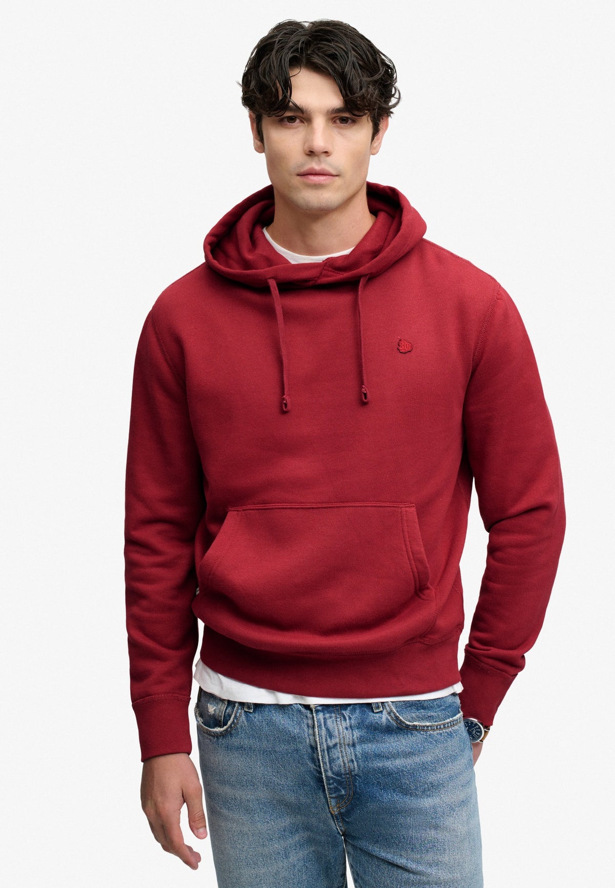 Superdry Essential Sdco Logo Hoodie in League Red on model front view
