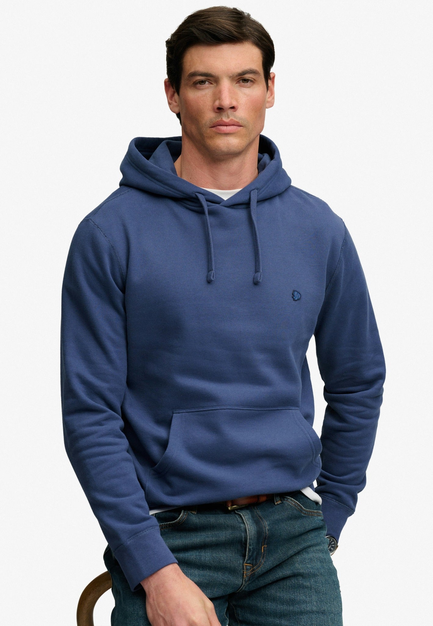 Superdry Essential Sdco Logo Hood in Hampton Blue angled model view