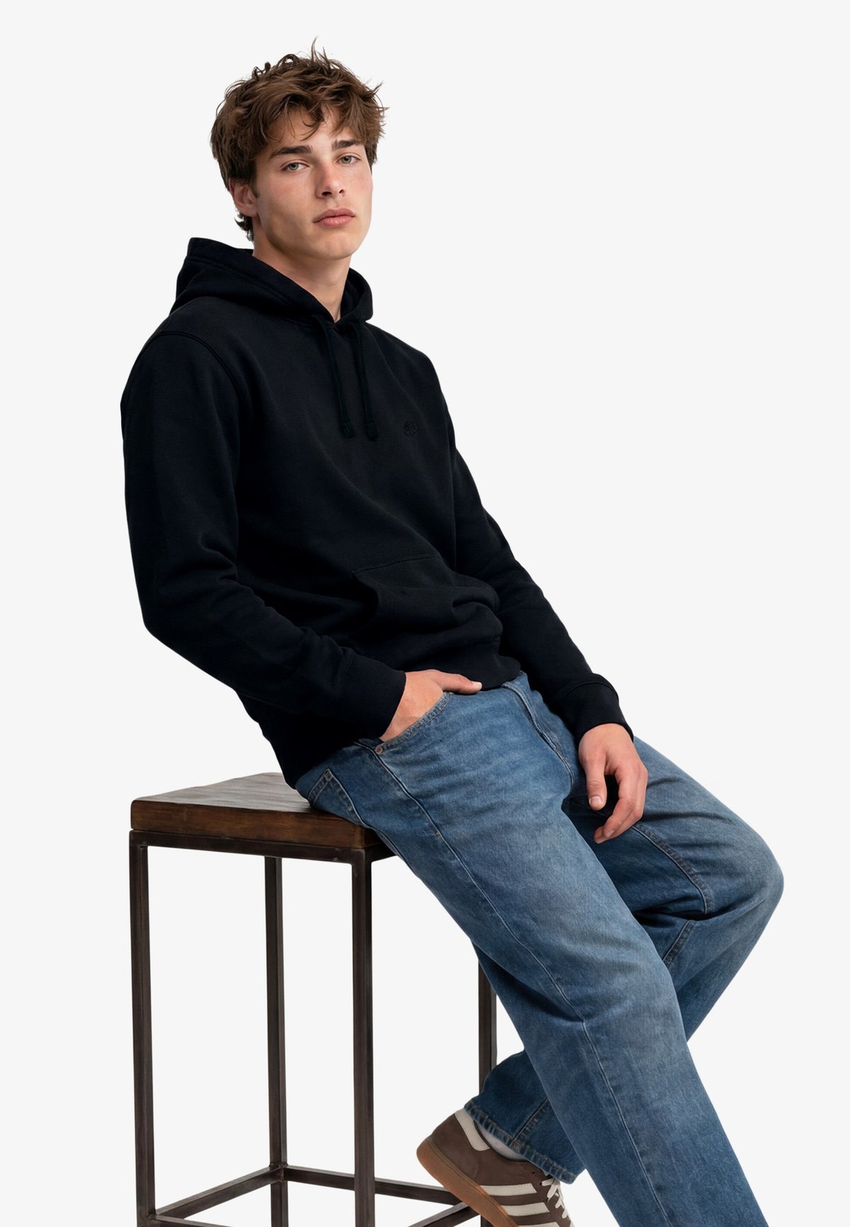 Superdry Essential Sdco Logo Hoodie in Dark Navy seated model view