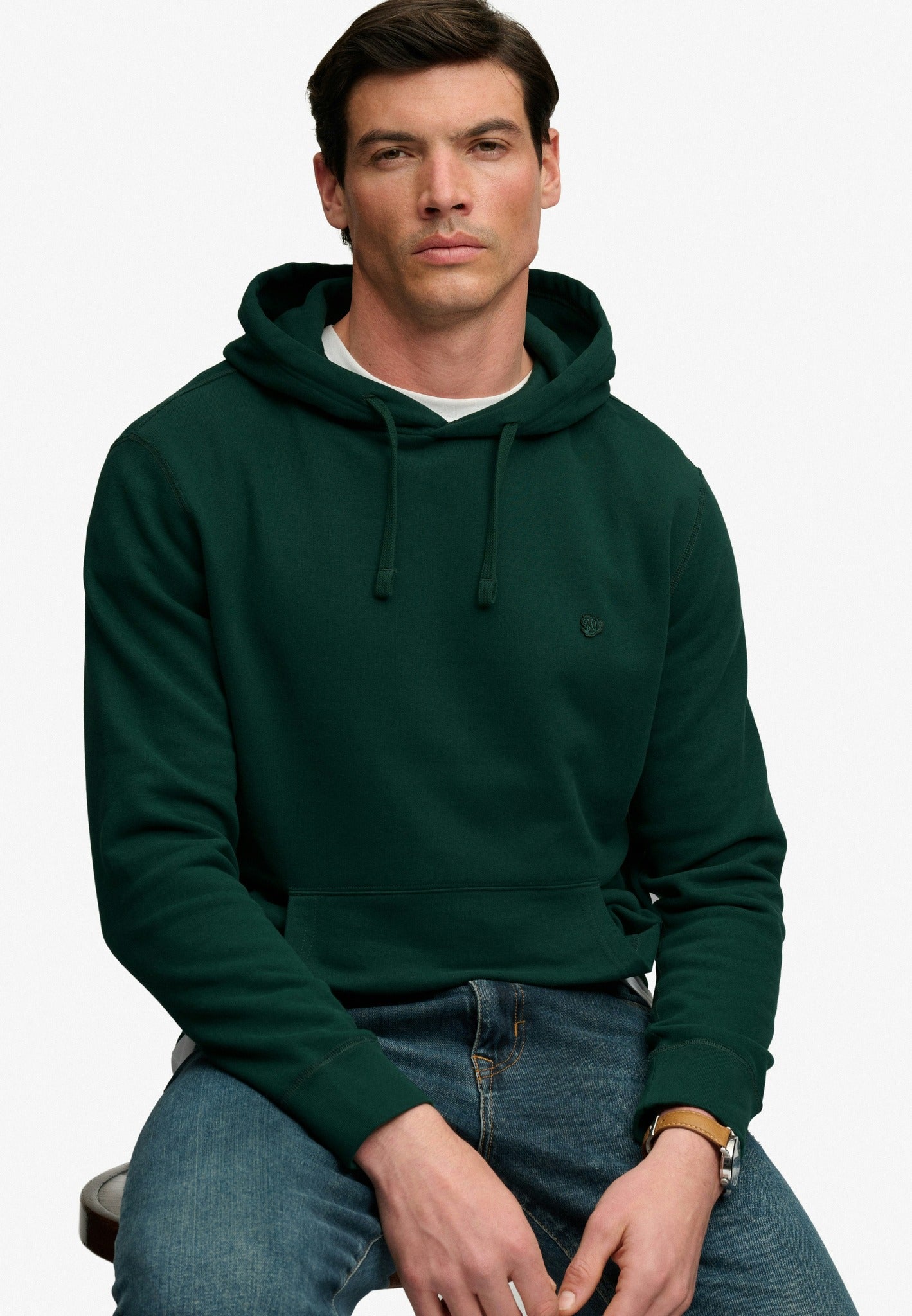 Superdry Essential Sdco Logo Hood in Varsity Green seated model view