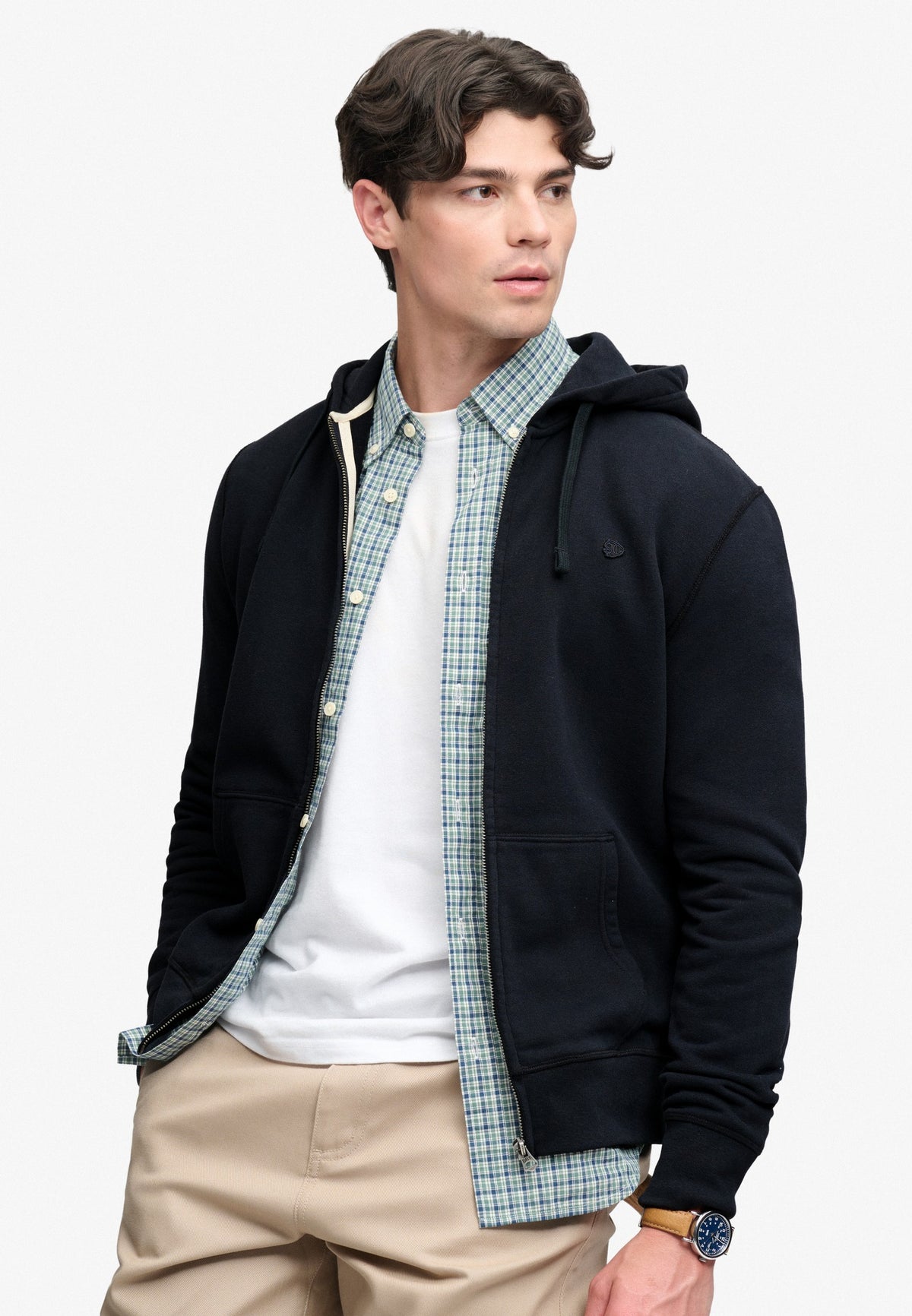 Superdry Essential Sdco Logo Ziphood in Dark Navy angled view on model