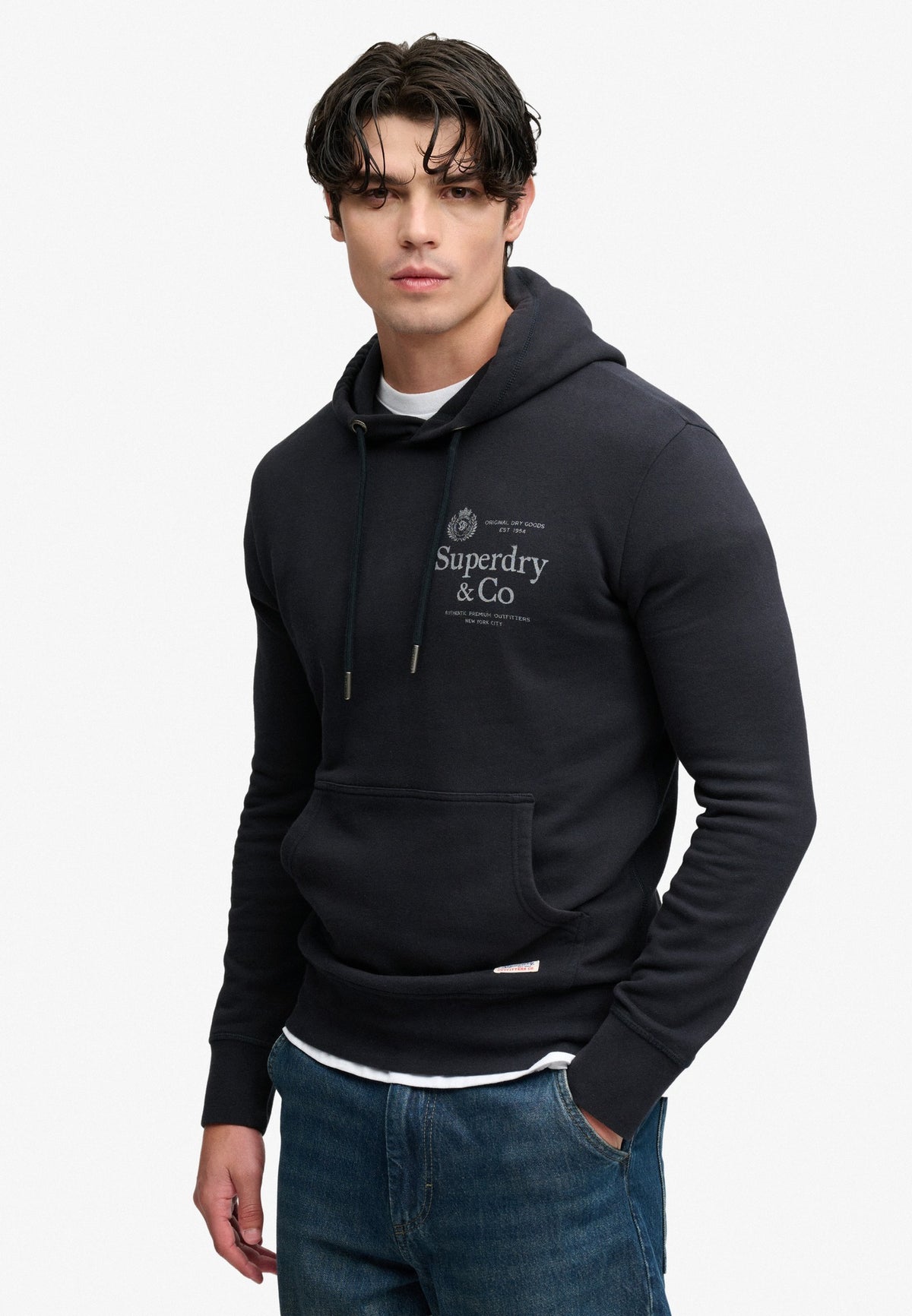 Superdry 1954 Company Relaxed Hoodie in Dark Navy on model front view