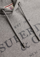 Superdry 1954 Company Relaxed Hood in Dark Vintage Grey Marl hood and print detail