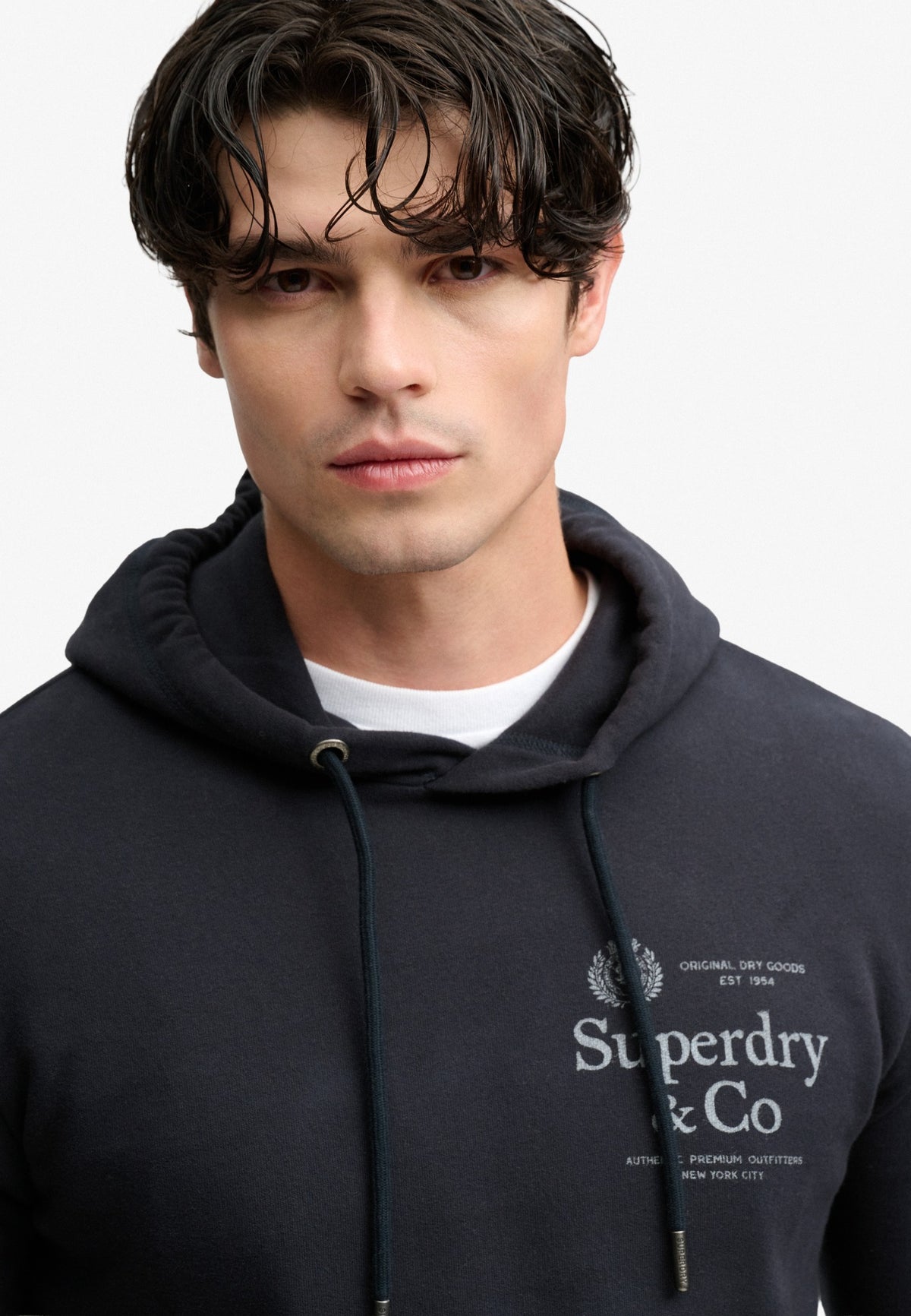 Superdry 1954 Company Relaxed Hoodie in Dark Navy upper body model view