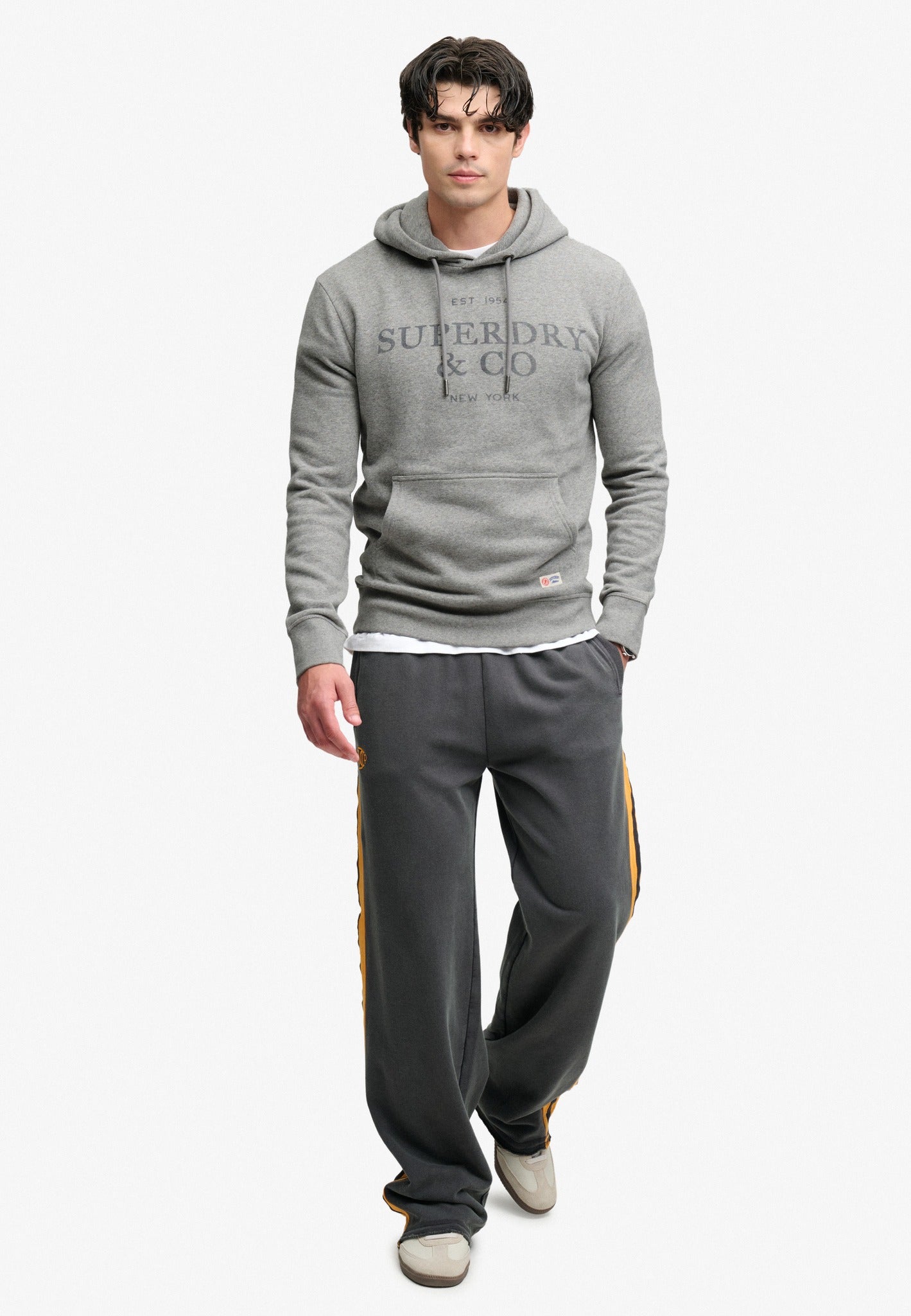 Superdry 1954 Company Relaxed Hood in Dark Vintage Grey Marl full length model view