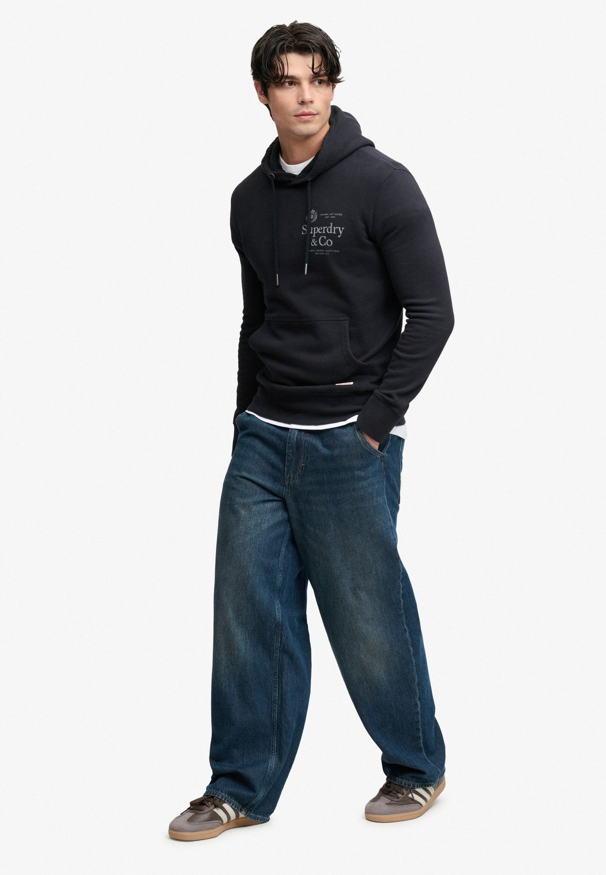 Superdry 1954 Company Relaxed Hoodie in Dark Navy full length model view