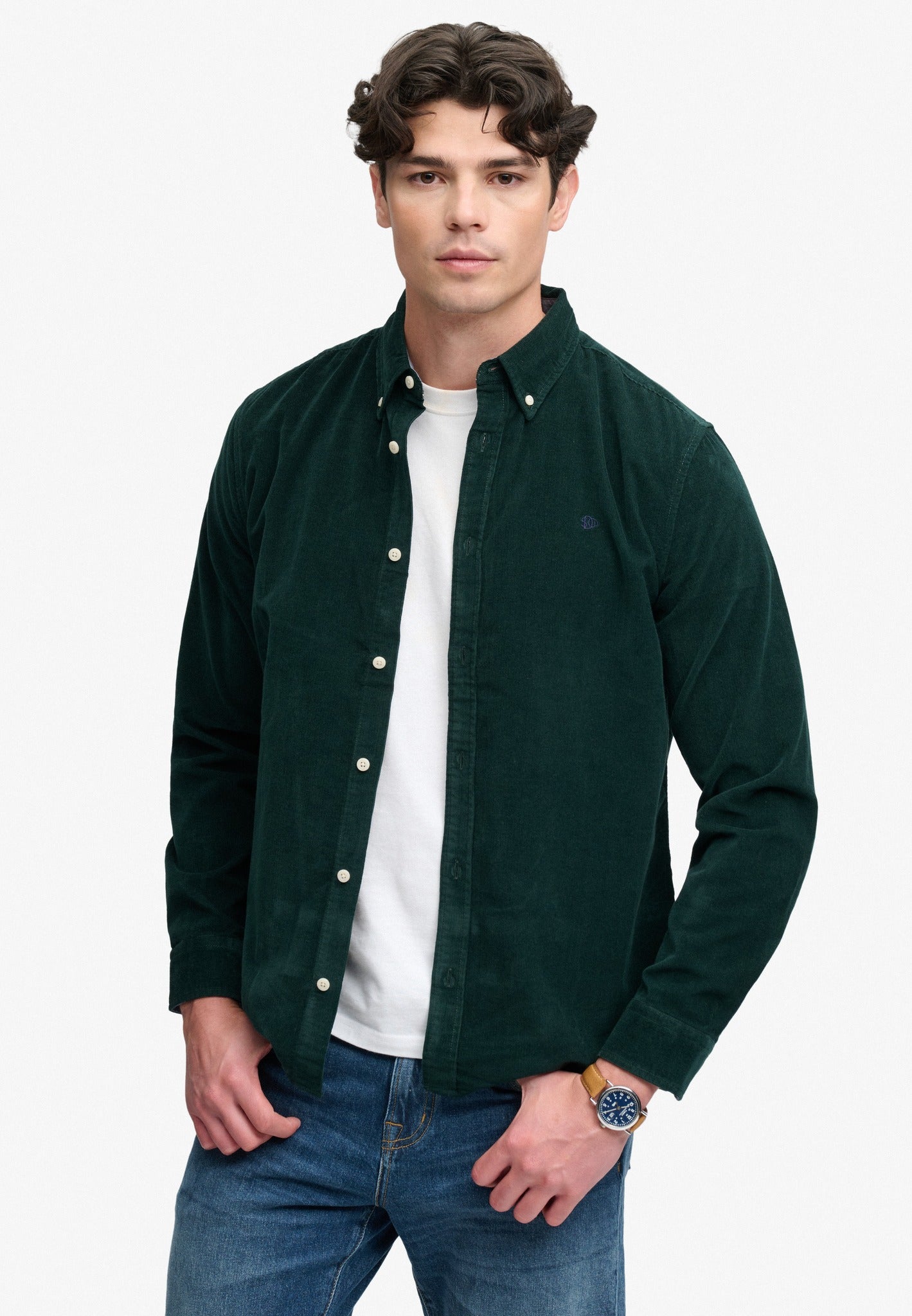 Superdry Classic Needle Cord Shirt in Eagle Green on model