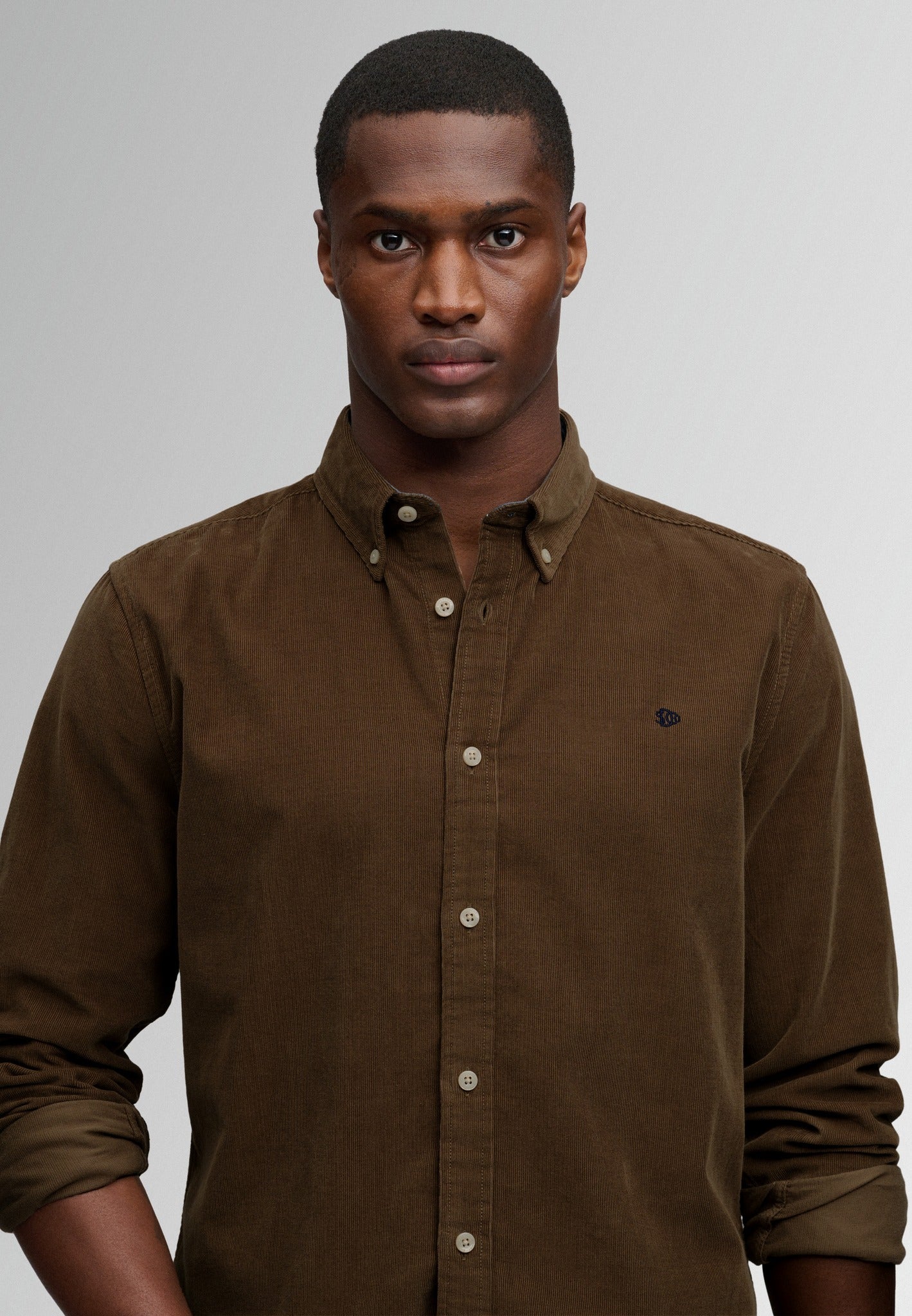 Superdry Classic Needle Cord Shirt in Winter Twig Beige on model