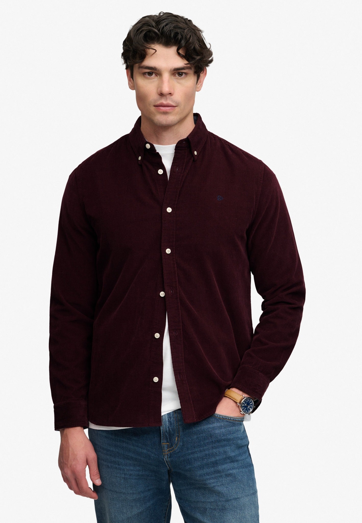 Superdry Classic Needle Cord Shirt in Winter Port on model